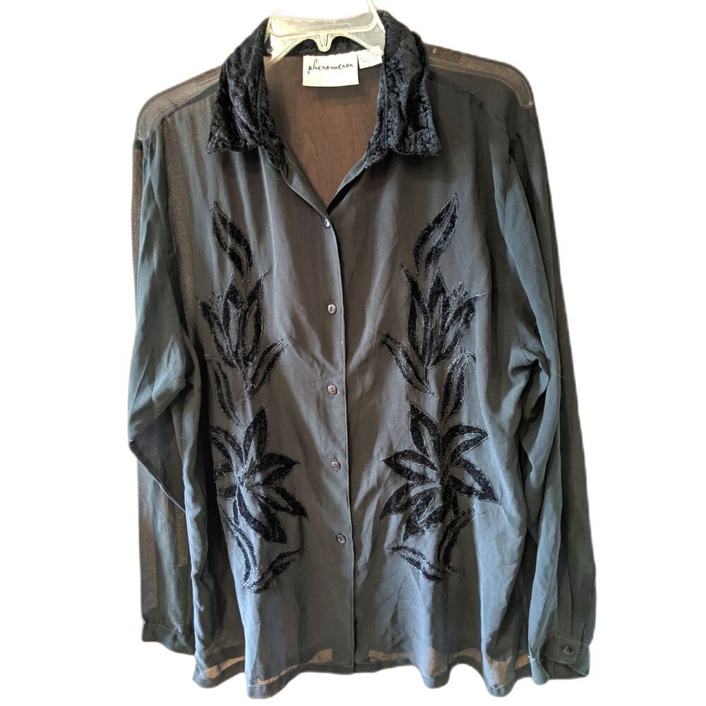Whimsygoth Sheer Black Shirt Velvet Collar Applique Dark Fairy Emo Sz L Vtg Y2K